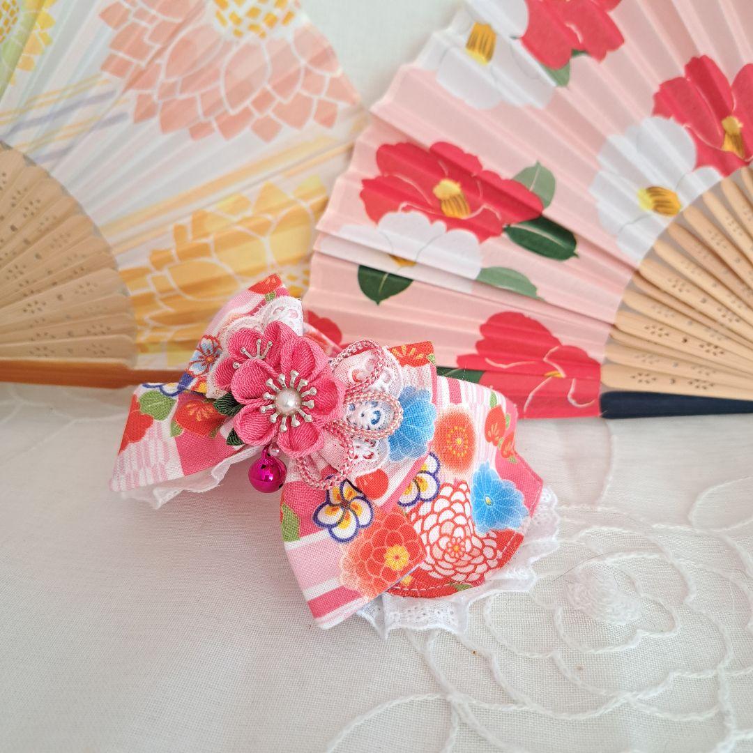 和風つまみ細工(朱色)わんちゃん猫ちゃん用襟付き首輪