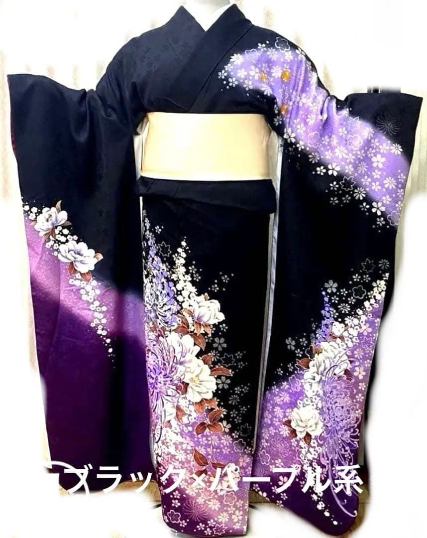 どんぐりコロコロ❣️美品　正絹振袖　ブラック　紫系　成人式　クリーニング済み