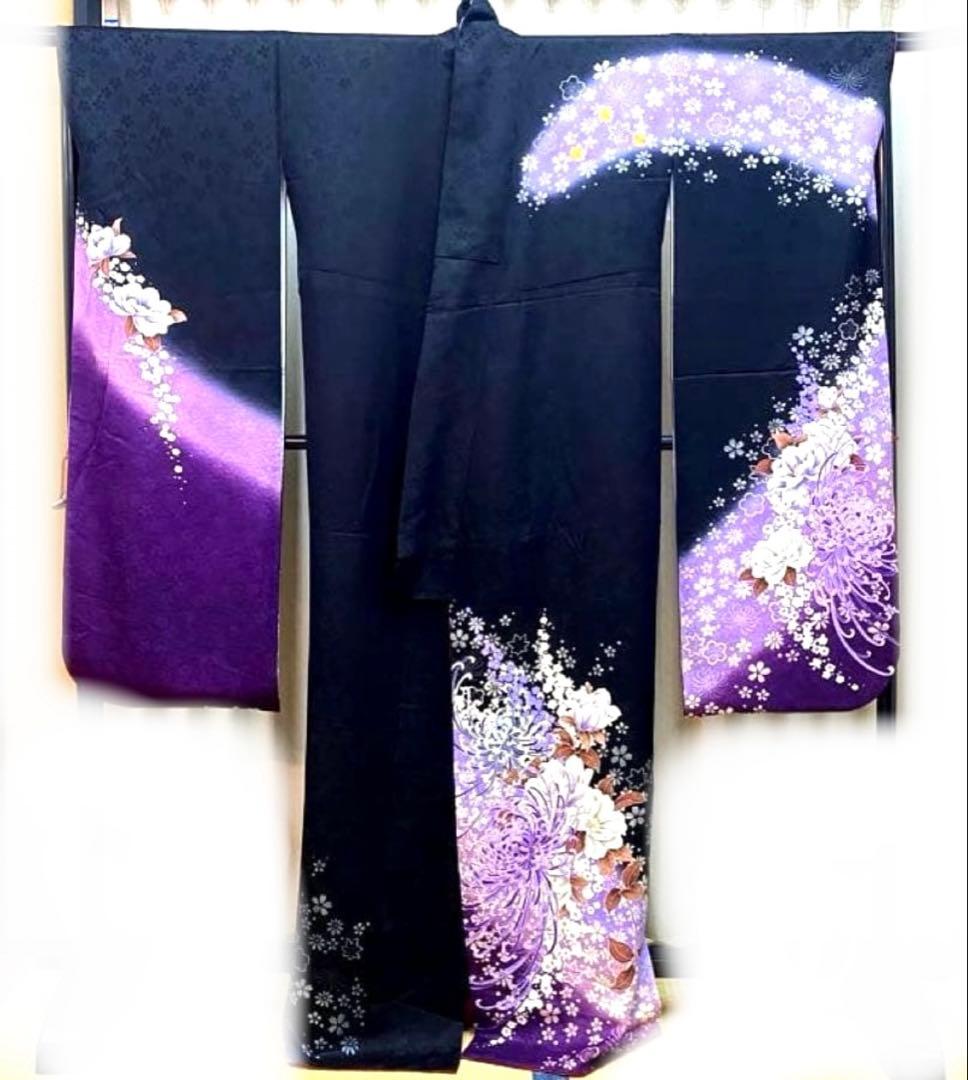 どんぐりコロコロ❣️美品　正絹振袖　ブラック　紫系　成人式　クリーニング済み