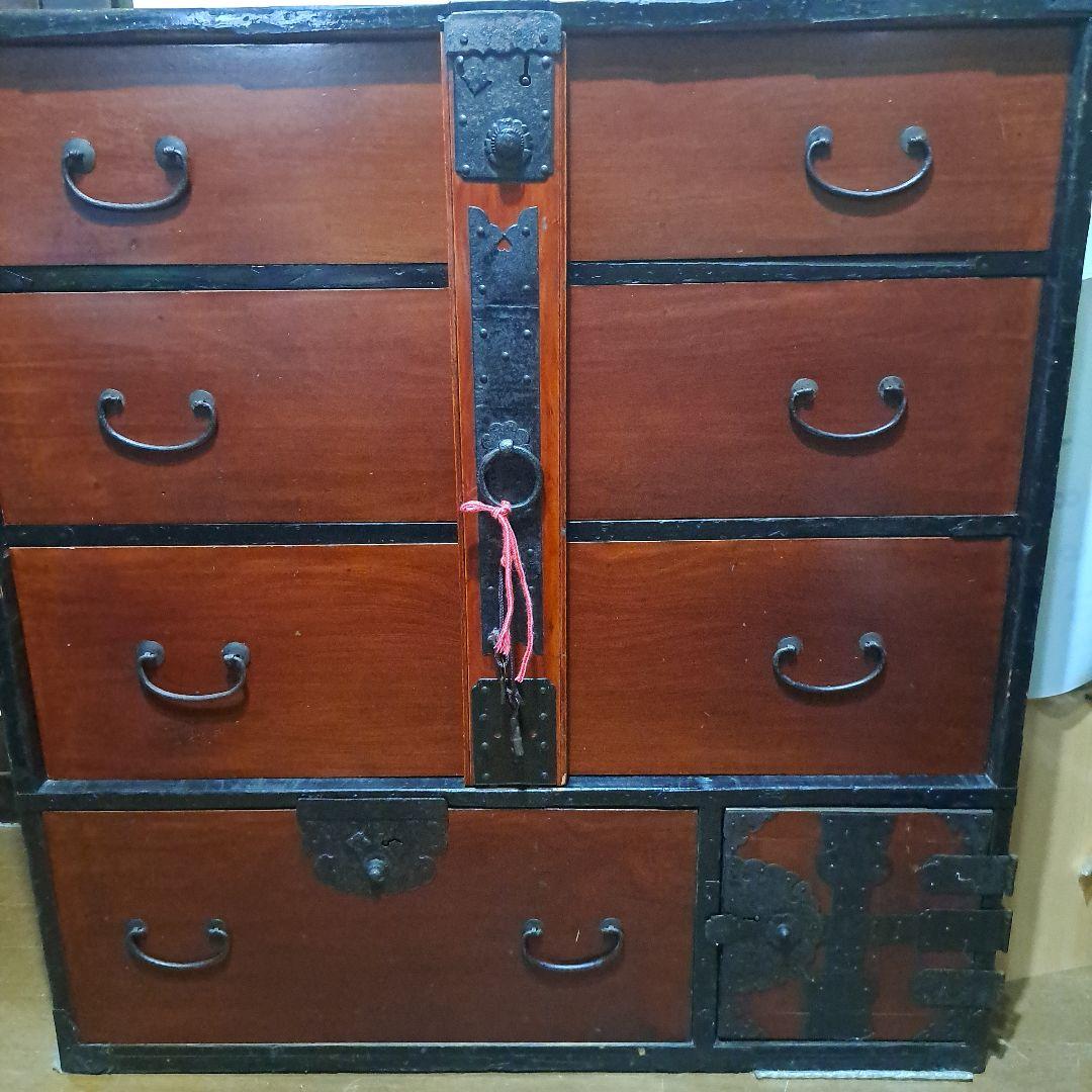 明治時代箪笥　珍品時代鍵付　欅箪笥　四段　金庫引出二段　時代金具　隅に金具止