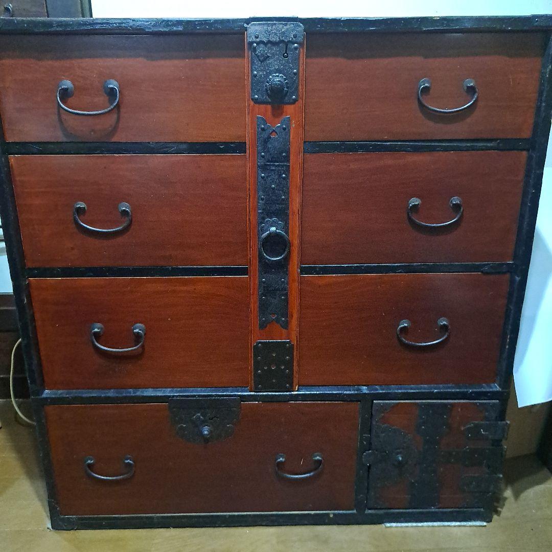 明治時代箪笥　珍品時代鍵付　欅箪笥　四段　金庫引出二段　時代金具　隅に金具止