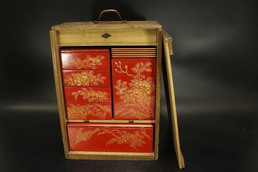 朱塗 沈金 野弁当 揃い 煎茶画箱(ZE653)