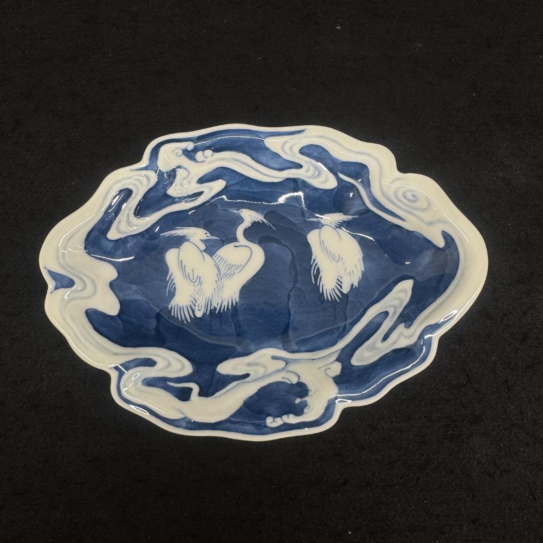 美品！　藍鍋島流水鷺図 皿　 浮彫 　浪形皿　五客 共箱
