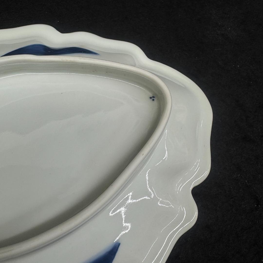美品！　藍鍋島流水鷺図 皿　 浮彫 　浪形皿　五客 共箱