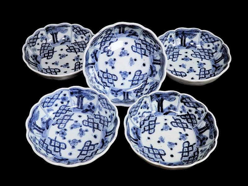 古伊万里　染付　七宝紋に梅の図　膾皿　５客　381AS-CAv