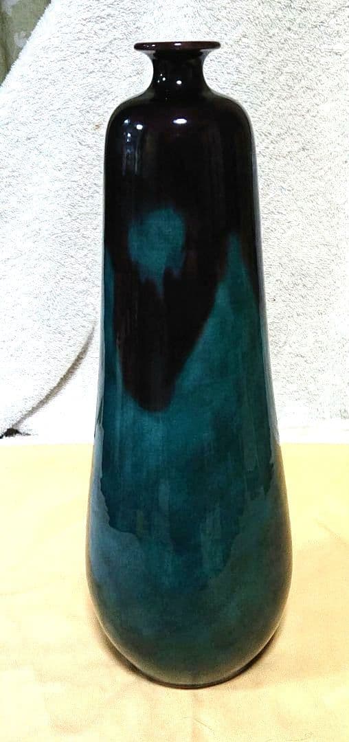 徳田八十吉花入青緑色の陶器 木箱付きA439