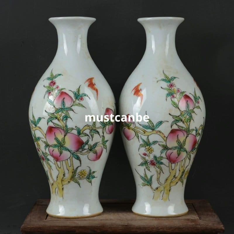 清乾隆粉彩九桃橄欖瓶花瓶 景徳鎮 陶磁器 装飾品 現代工芸品 美術品 置物