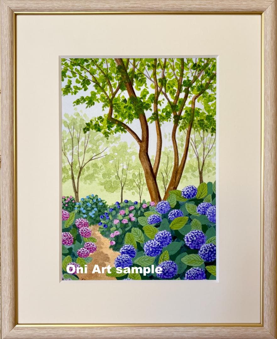 アクリル画　原画　「あじさいの小道02」額縁付　SMサイズ　風景画
