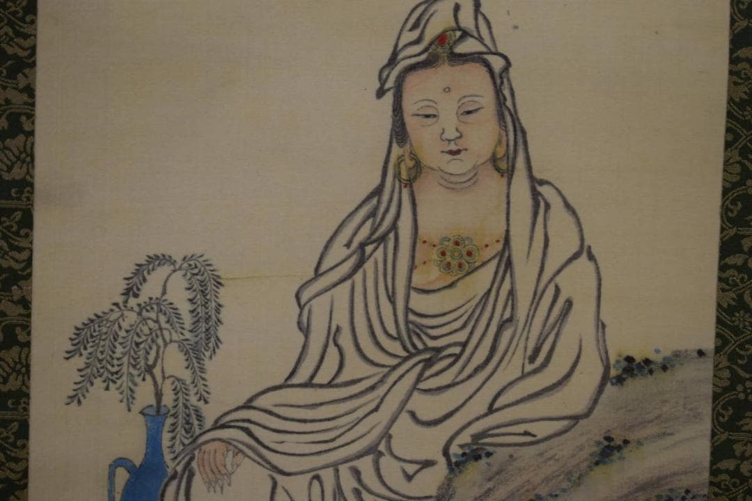 真作/田能村直入/小虎/観音画賛/布袋屋掛軸HH-419