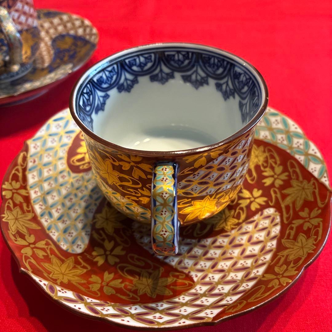 [希少品￼]清水焼 伊藤春晃 春晃窯　金彩桜紅葉三色金七宝紋カップ&ソーサー2客
