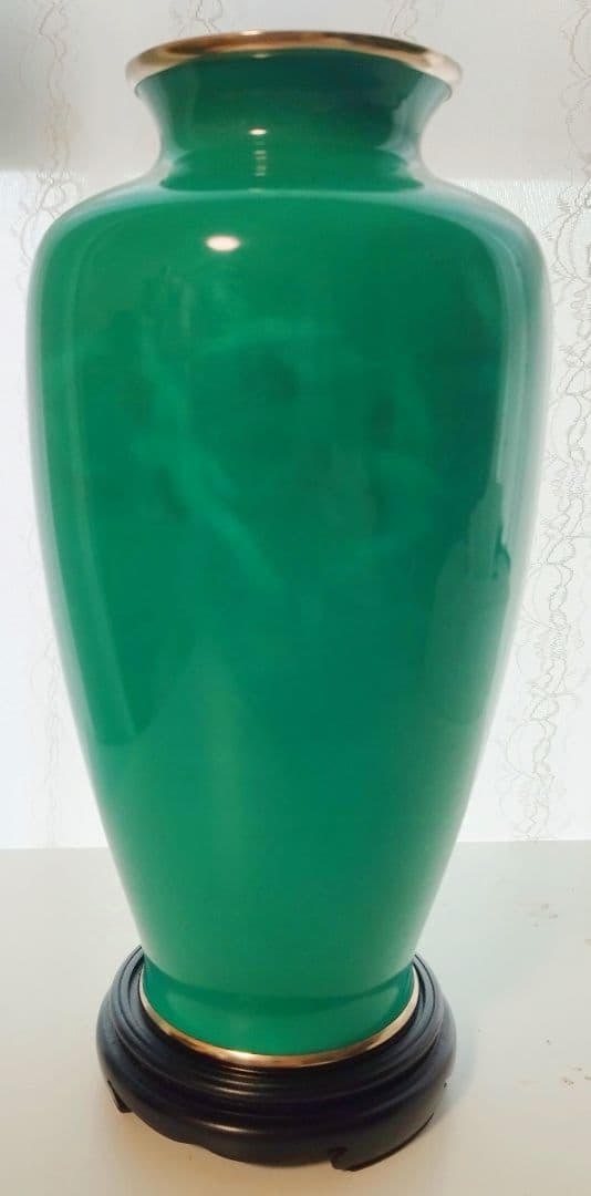 【希少】七宝焼 翡翠 花瓶 鶴 共箱 台座付き 美品