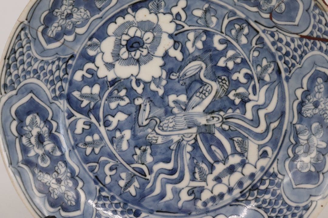中国　明時代　漳州窯染付牡丹鳳紋大皿　送料込み0821