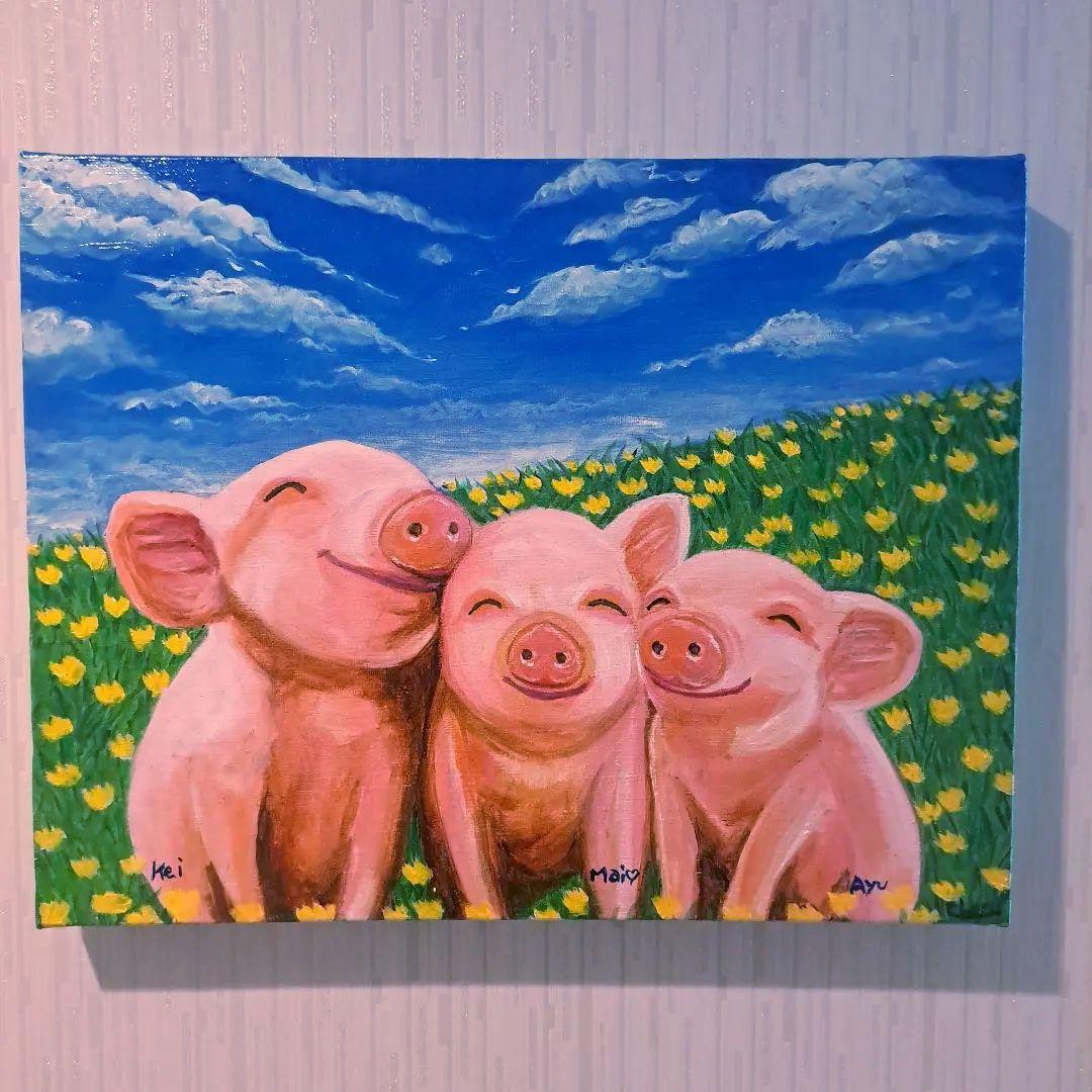 キャンバス油絵 　AP♡ 　笑ってる仲良しこぶたたち