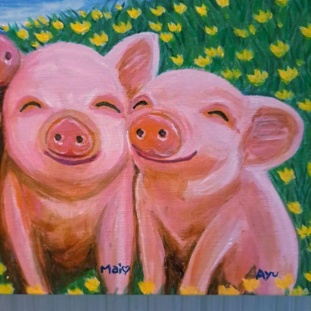 キャンバス油絵 　AP♡ 　笑ってる仲良しこぶたたち