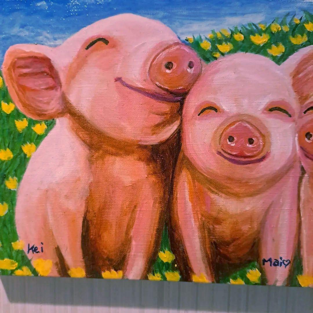 キャンバス油絵 　AP♡ 　笑ってる仲良しこぶたたち