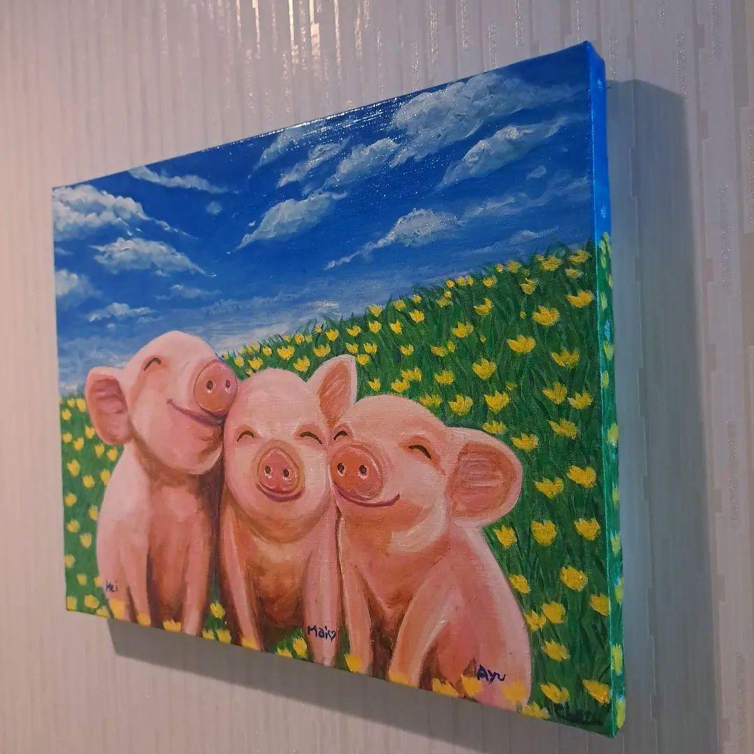 キャンバス油絵 　AP♡ 　笑ってる仲良しこぶたたち