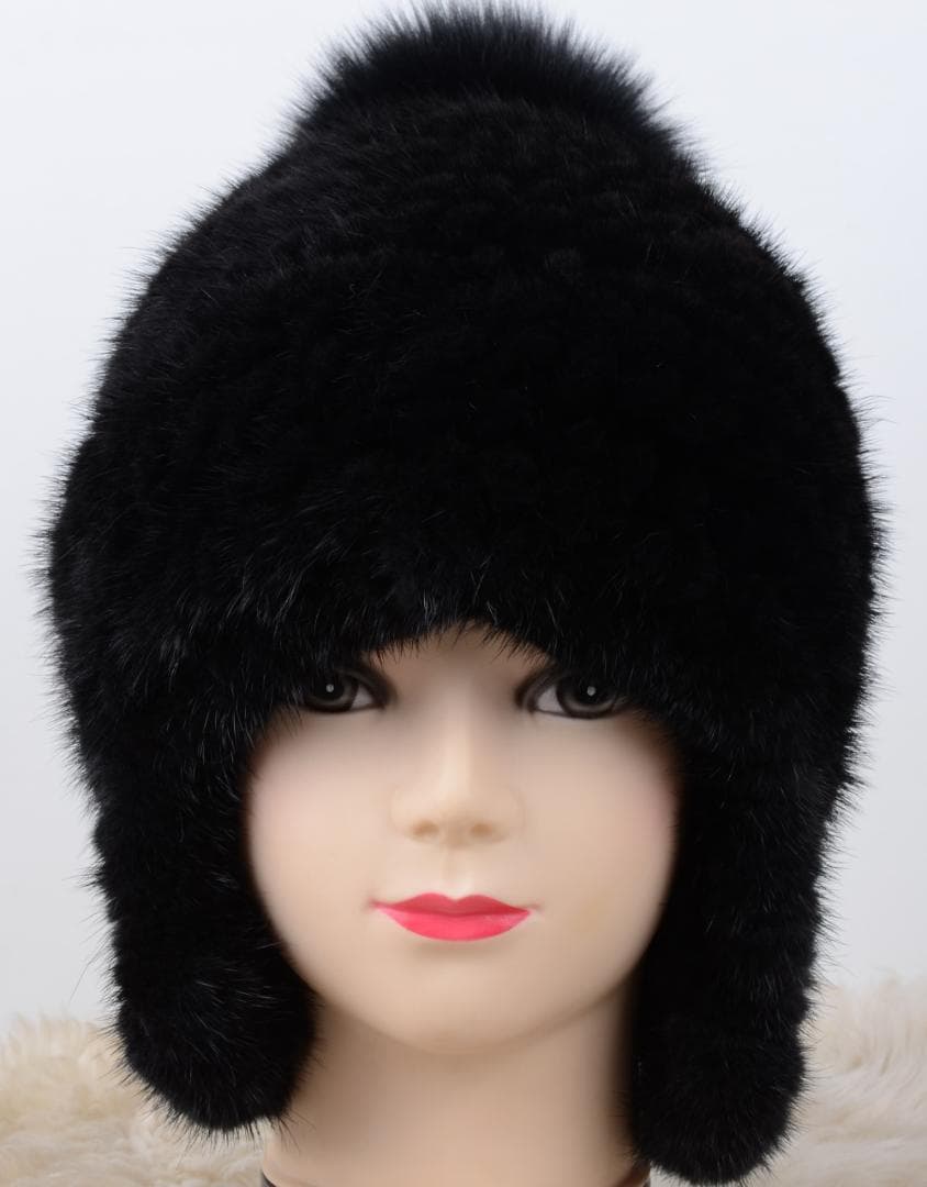 新品限定 上質ミンク編みこみ帽子 黒/フォックスポンポン付き/毛皮 ファー