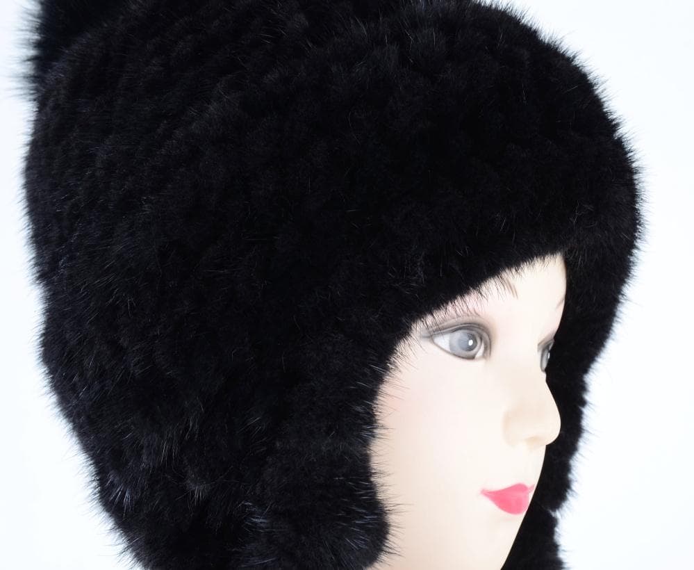新品限定 上質ミンク編みこみ帽子 黒/フォックスポンポン付き/毛皮 ファー