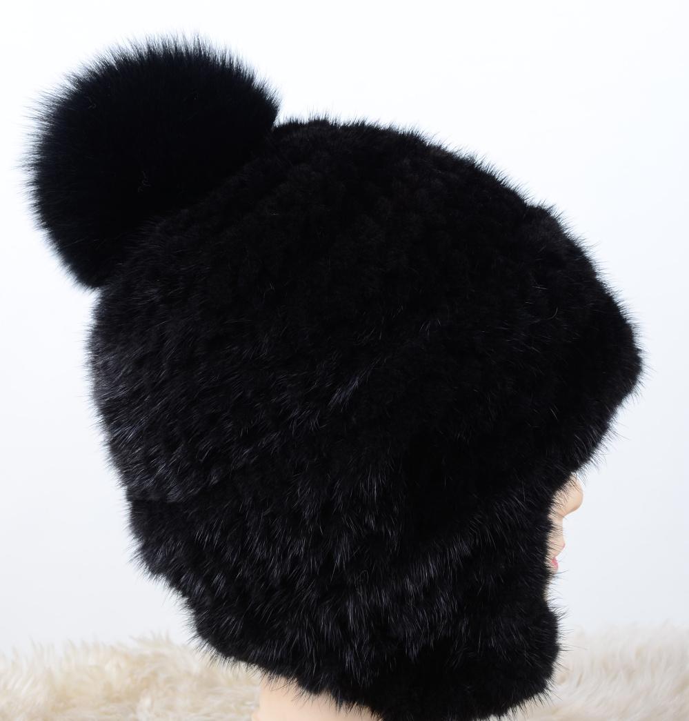 新品限定 上質ミンク編みこみ帽子 黒/フォックスポンポン付き/毛皮 ファー