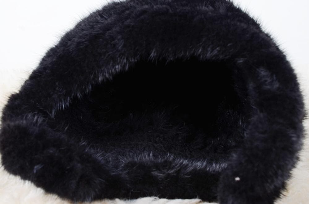 新品限定 上質ミンク編みこみ帽子 黒/フォックスポンポン付き/毛皮 ファー