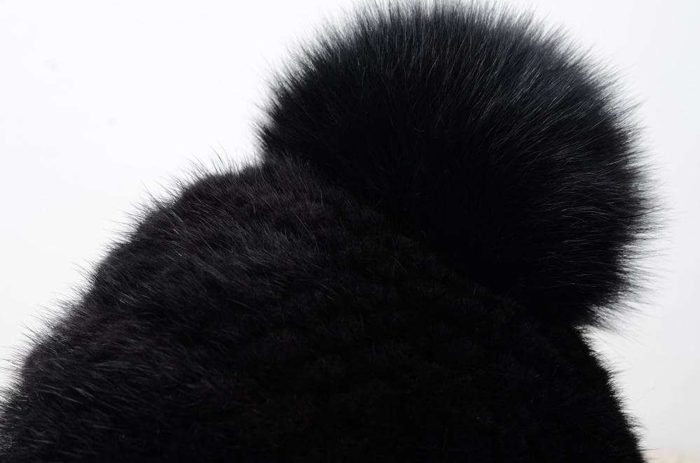 新品限定 上質ミンク編みこみ帽子 黒/フォックスポンポン付き/毛皮 ファー