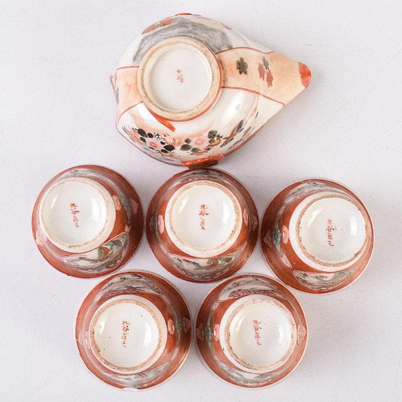 九谷焼　九谷庄三造　赤絵　煎茶碗　五客　湯冷まし　合わせ箱　V　R9020