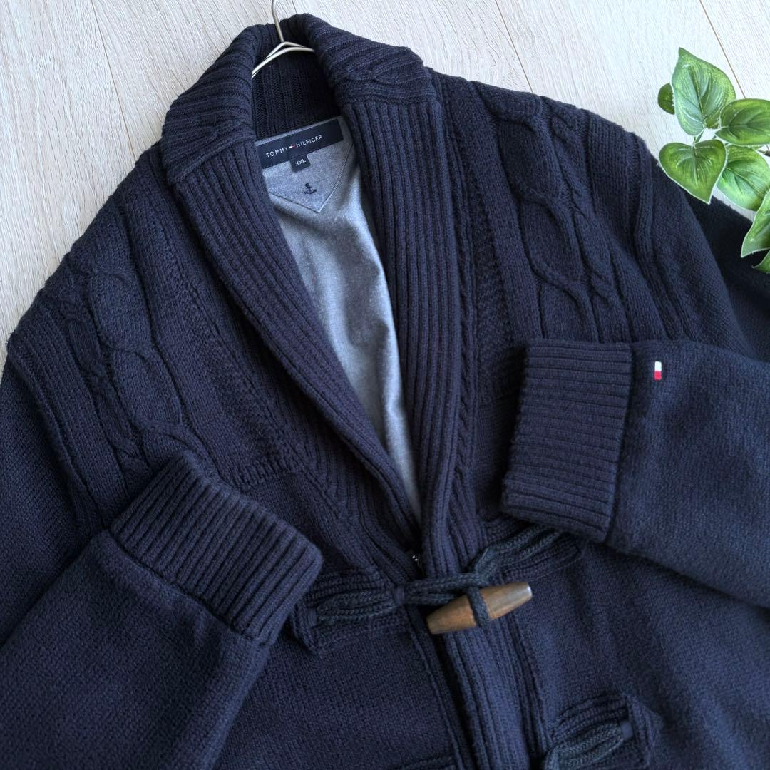 美品 トミーヒルフィガー ダッフルニットジャケット ネイビー XXL ロゴ 刺繍