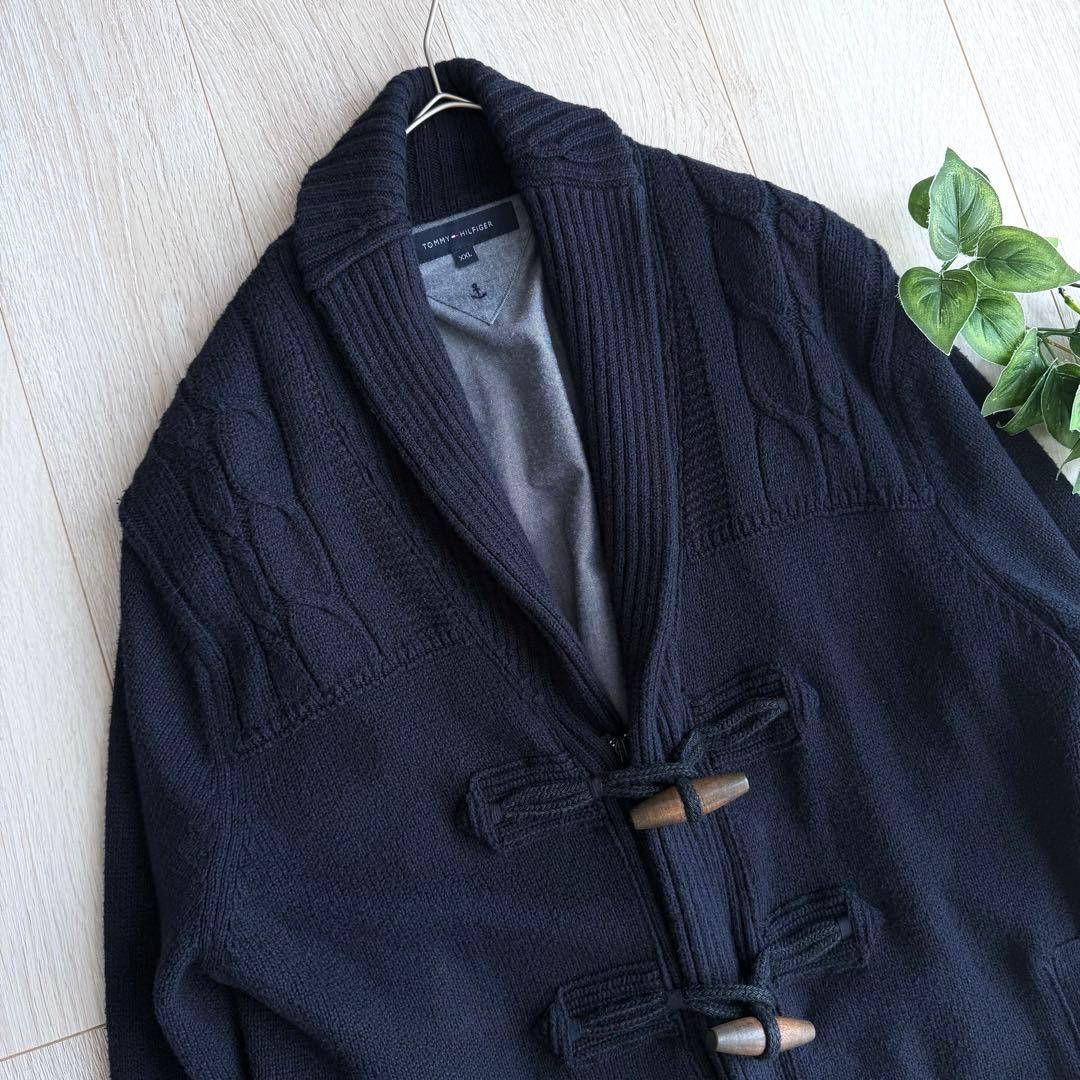 美品 トミーヒルフィガー ダッフルニットジャケット ネイビー XXL ロゴ 刺繍