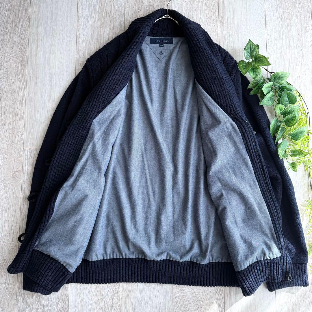 美品 トミーヒルフィガー ダッフルニットジャケット ネイビー XXL ロゴ 刺繍