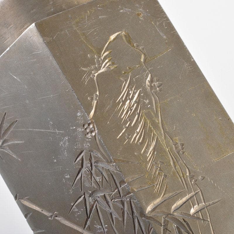 煎茶道具　古錫　竹菴刻　漢詩竹文　六角茶壷　茶心壷　約208g　H　R6162E