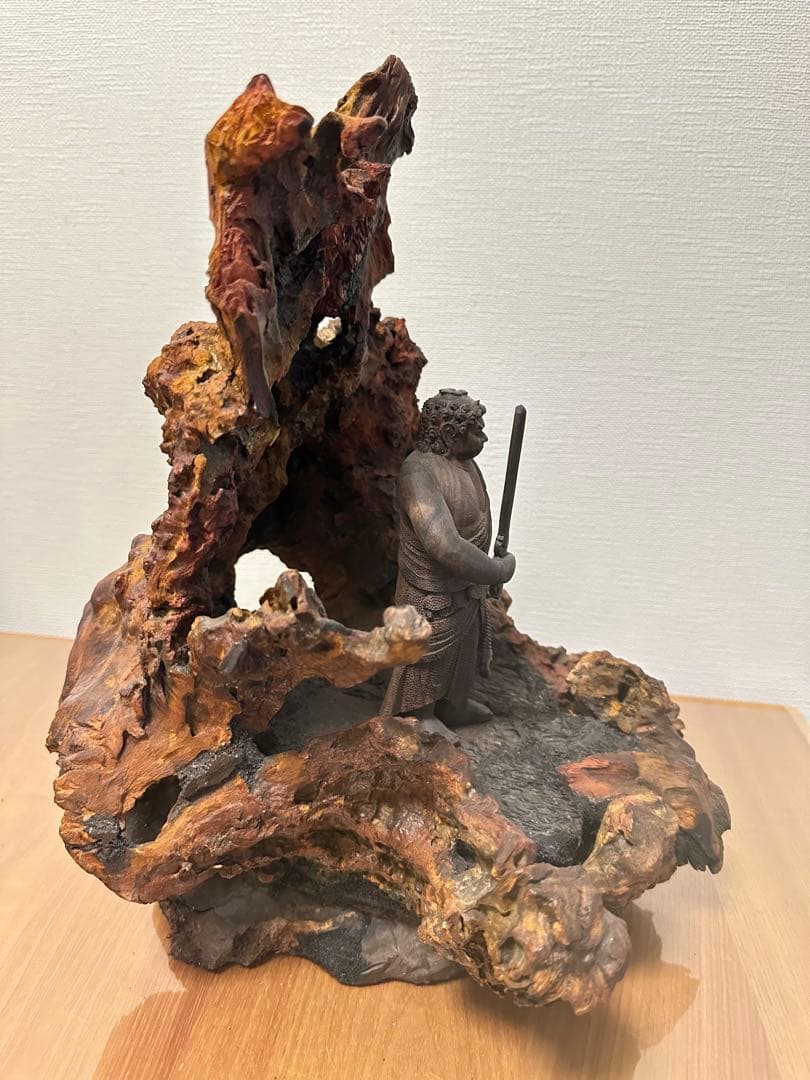 自然木の仏像彫刻 柿の木台座付き　不動明王
