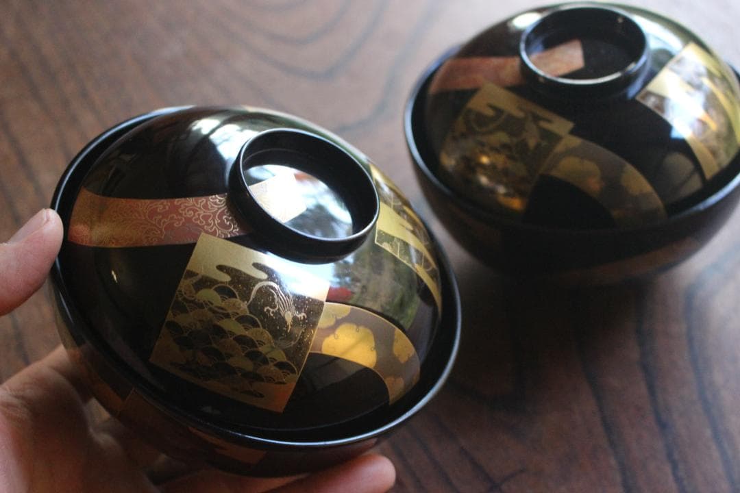 時代逸品！時代黒漆に極上短冊蒔絵の映えるお椀2点（検輪島塗蒔絵椀懐石椀