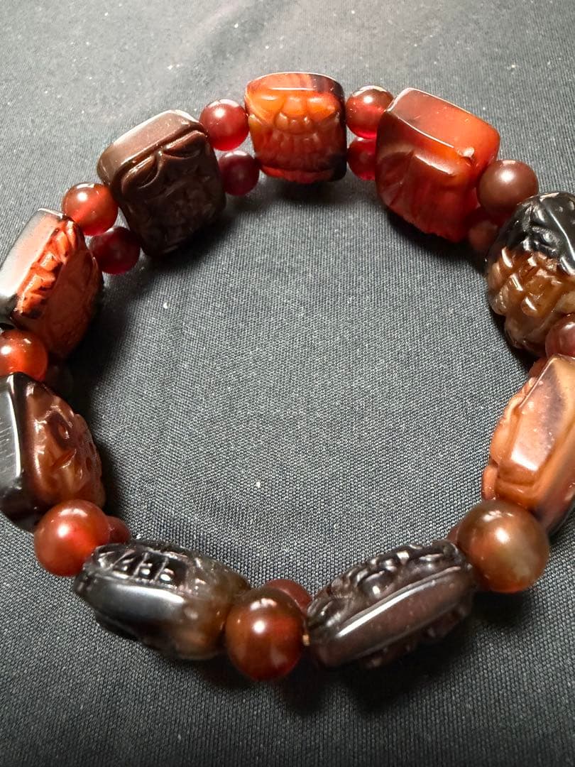 ペー、上肯天珠‼️西蔵老礦紅玉髄八大吉祥財神梵字バングル仏眼梵字セット