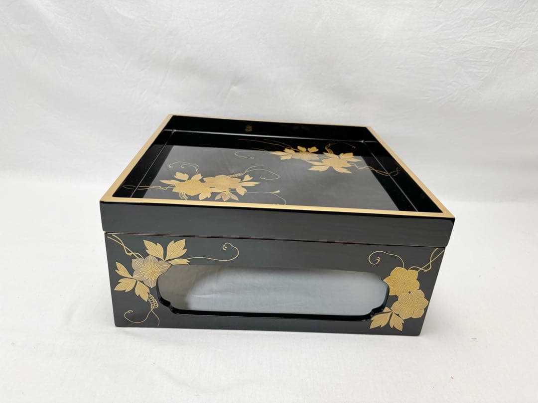 ほぼ未使用 茶道具 輪島塗 金彩花蒔絵 重台 四方盆 木製黒真塗 能登国輪島共箱