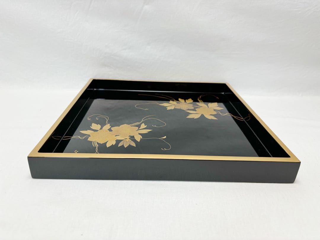 ほぼ未使用 茶道具 輪島塗 金彩花蒔絵 重台 四方盆 木製黒真塗 能登国輪島共箱