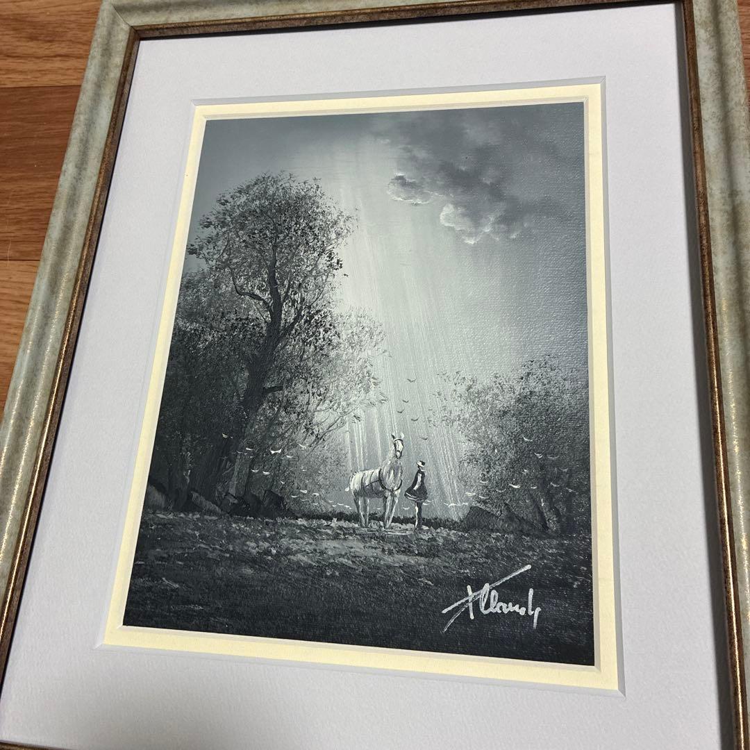 フランス　クロード•パトリック　油絵　幻想的　森の中の白馬と少女