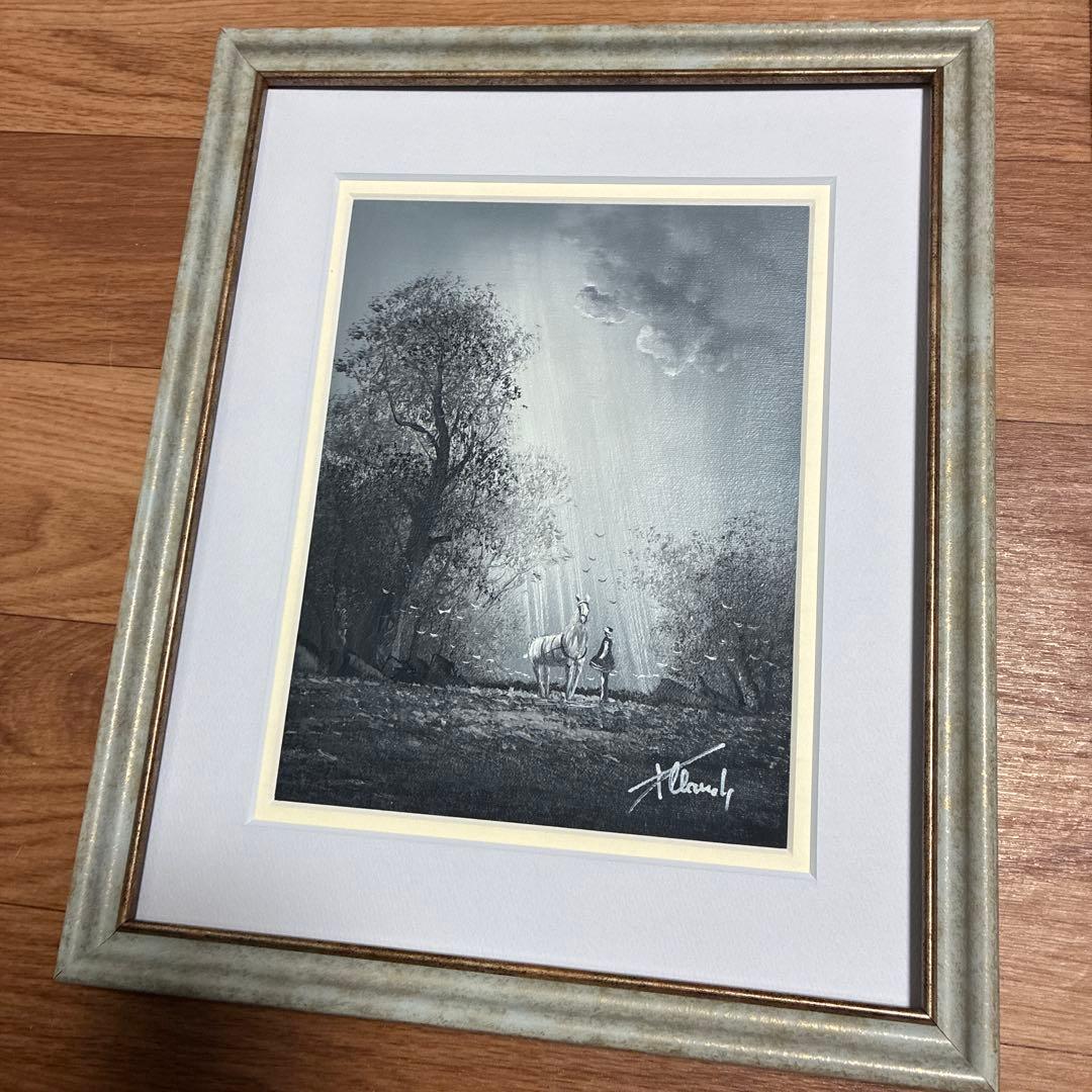 フランス　クロード•パトリック　油絵　幻想的　森の中の白馬と少女