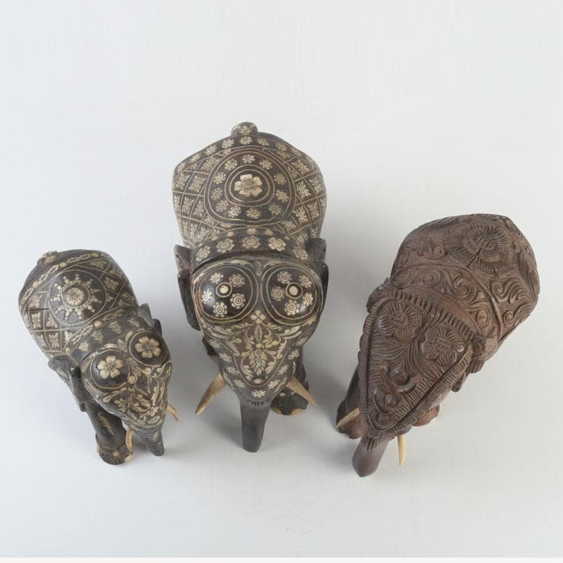 中国　唐木紫壇製　獣骨装飾など　インド象　3点まとめて　台付　V　9336A