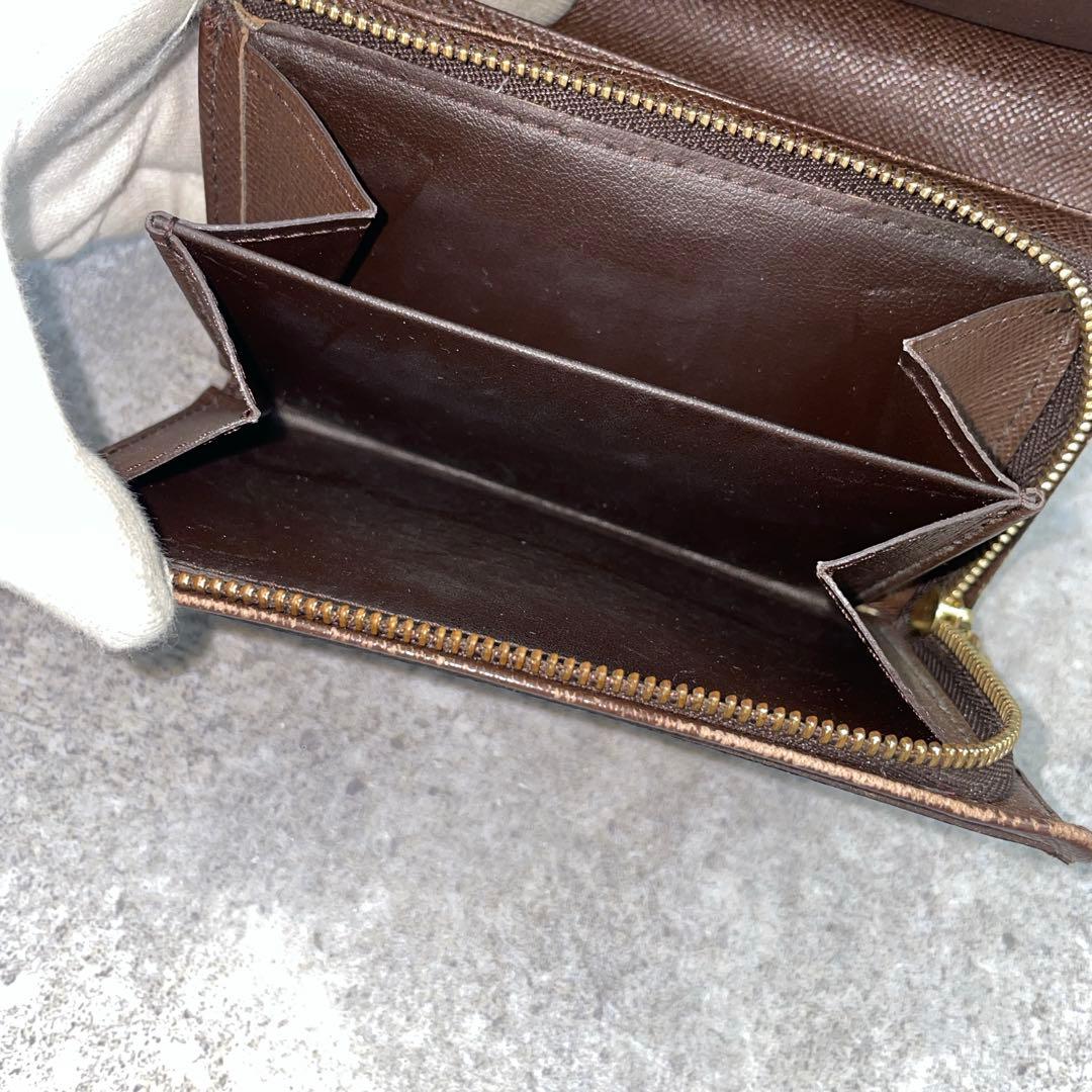 ルイヴィトン　ダミエ　折り財布　ラウンドファスナー　レザー　ブラウン　茶色