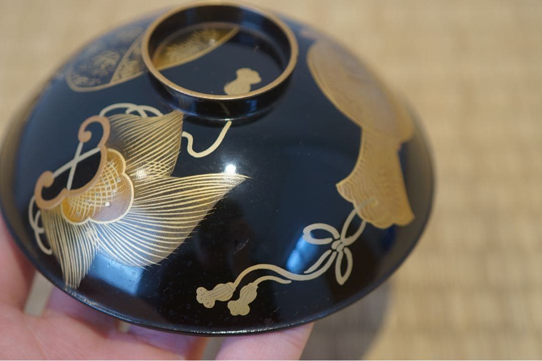 金蒔絵・螺鈿細工 宝尽くし文様 黒漆 吸物椀 2客 軽量 / 木製漆器 茶懐石