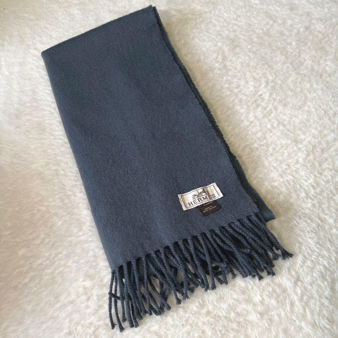 美品　HERMES エルメス　グレージュ　カシミヤ　マフラー　タグ　刺繍ロゴ