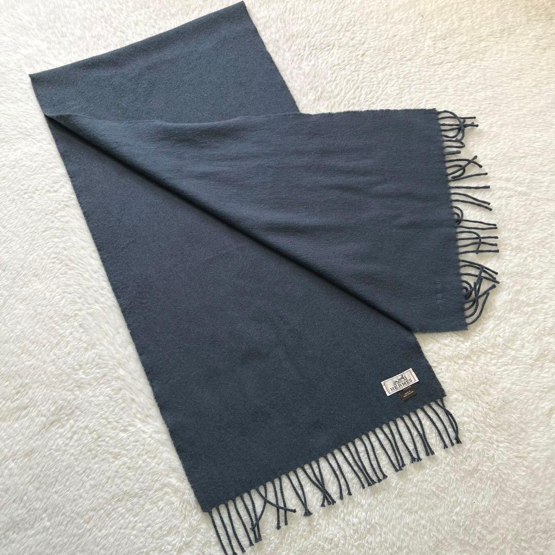 美品　HERMES エルメス　グレージュ　カシミヤ　マフラー　タグ　刺繍ロゴ