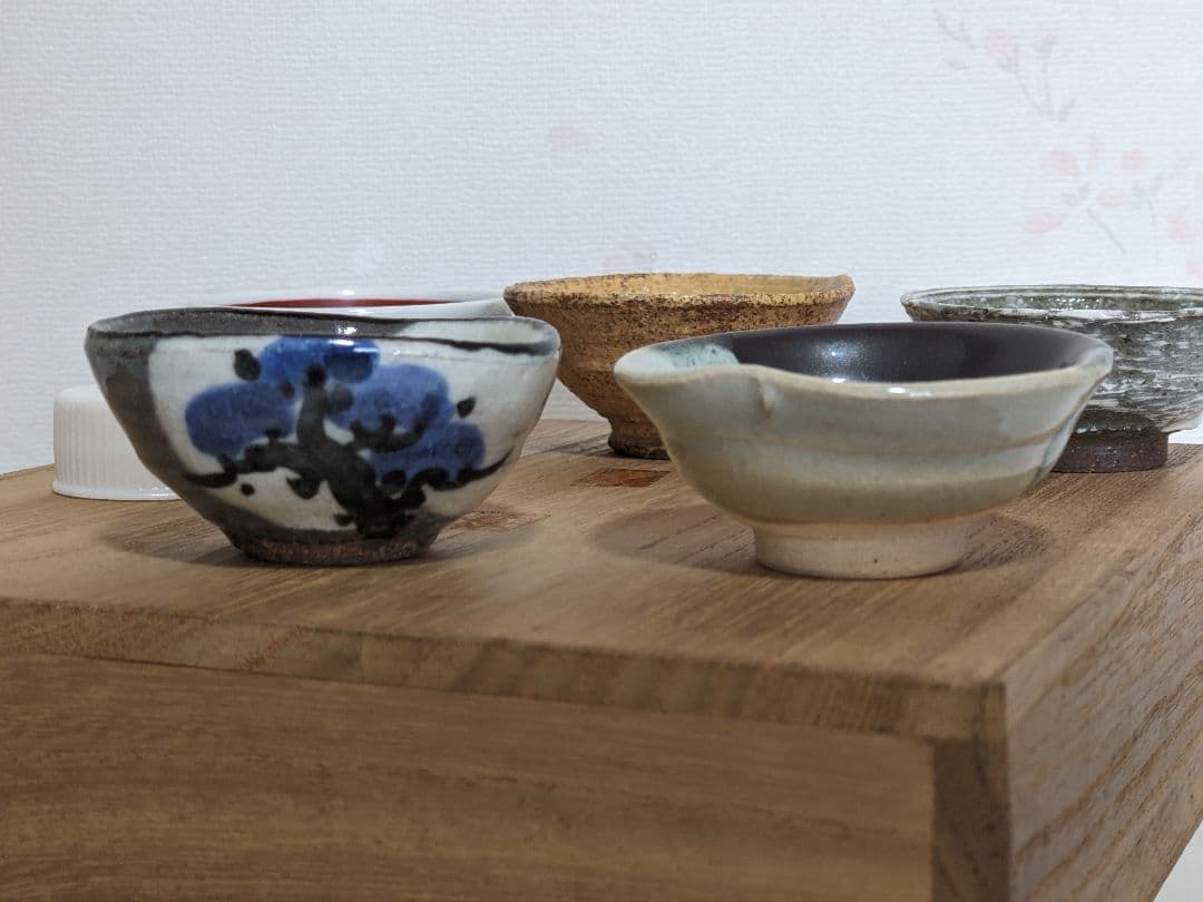 ♦京焼 清水六兵衛窯 色変わり酒器 小盃五種 黄瀬戸 唐津 赤絵九谷 共箱骨董品