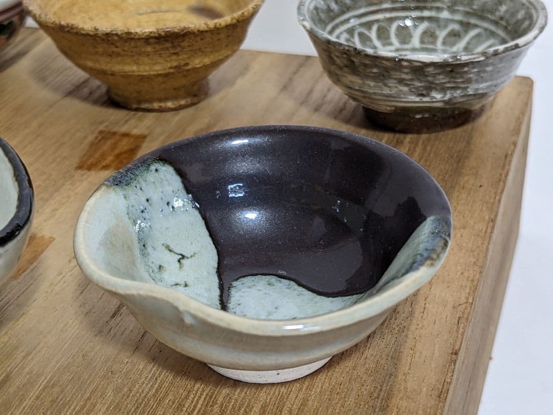 ♦京焼 清水六兵衛窯 色変わり酒器 小盃五種 黄瀬戸 唐津 赤絵九谷 共箱骨董品