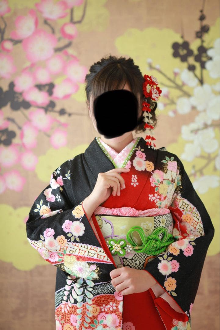 値段交渉OK！ 振袖 赤黒花柄 着物セット