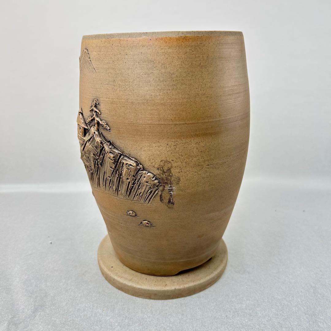 羽柴興誓作 山水彫 涼炉 共箱付 陶製 興誓窯 煎茶道具