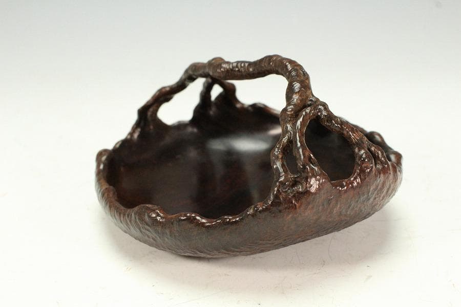 紫檀 刻 手付 皿 13.5cmx12cm 文房四宝(K-HA489)