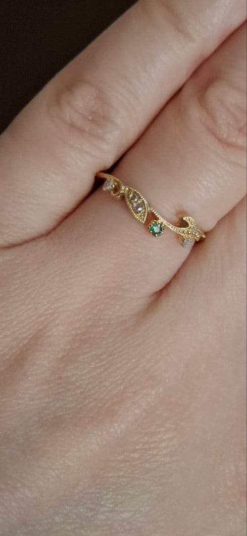 K18YG リング ローズカット ダイヤ　エメラルド　リーフ　ベーネベーネ