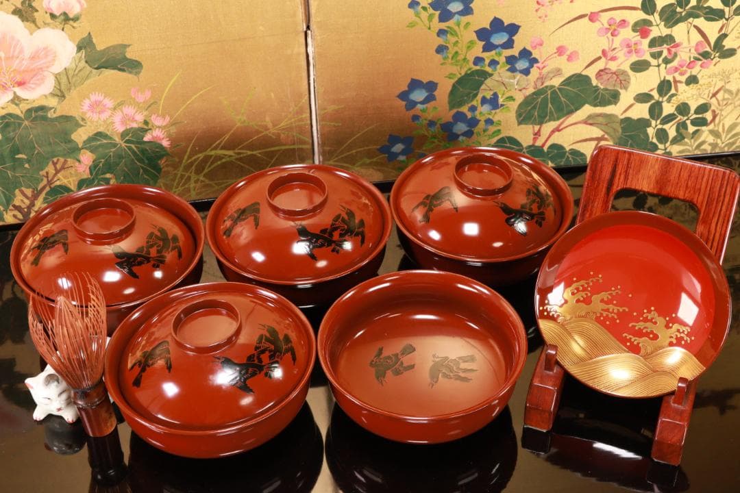 BJ103　時代輪島塗　烏漆絵　日乃出金蒔絵　煮物椀　五客　木製 吸物椀　菓子