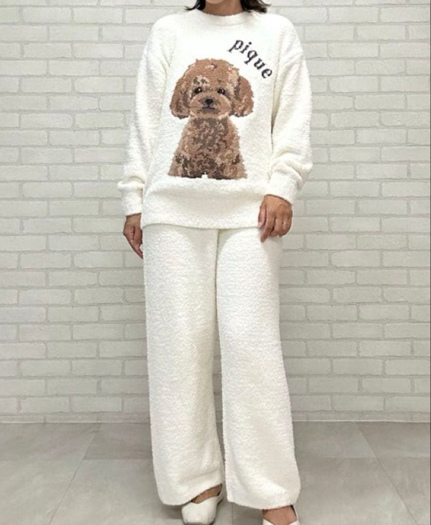 ジェラートピケ パウダーDOG3柄ジャガードプルオーバー＆ロングパンツセット